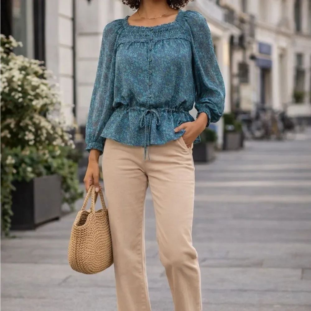Joie Silk Asseline Paisley Print Blouse Square Neck Peplum Drawstring Size S